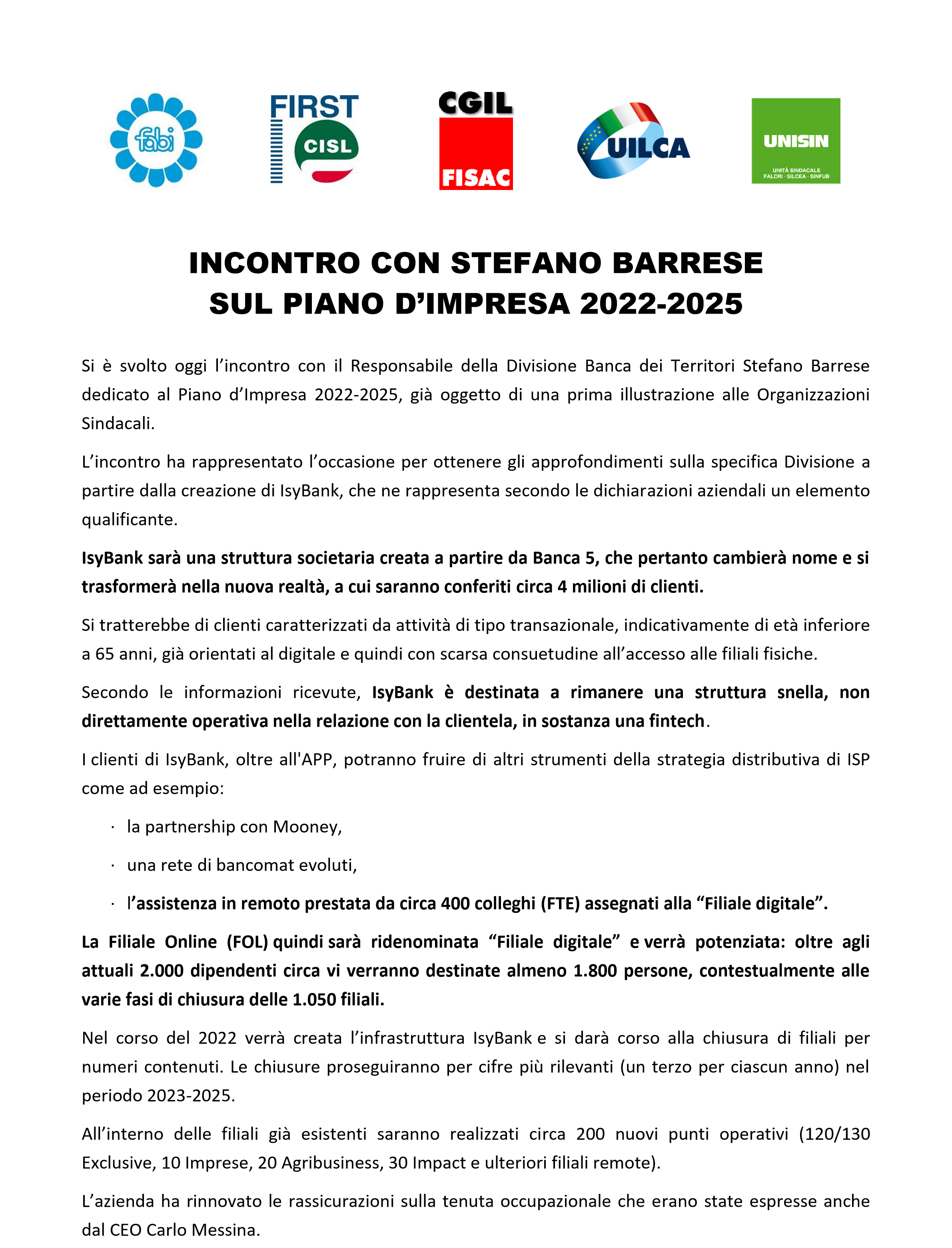 FABI Gruppo Intesa Sanpaolo INCONTRO CON STEFANO BARRESE SUL PIANO D